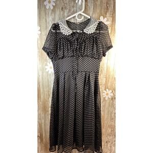 Lindy Bop A-Line Dress Large Black Chiffon Polka Dots Collared Lace Trim Pleated